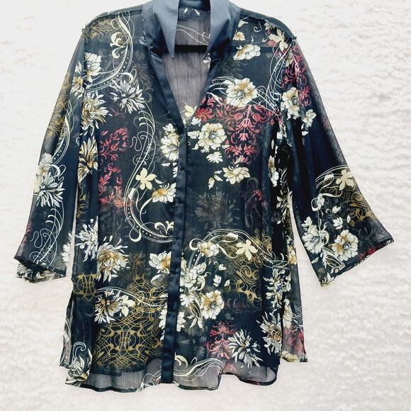 Blouse Kimono NY Design Button-Up Sheer Floral Resort Office Siren Cruise Size L - Picture 11 of 13